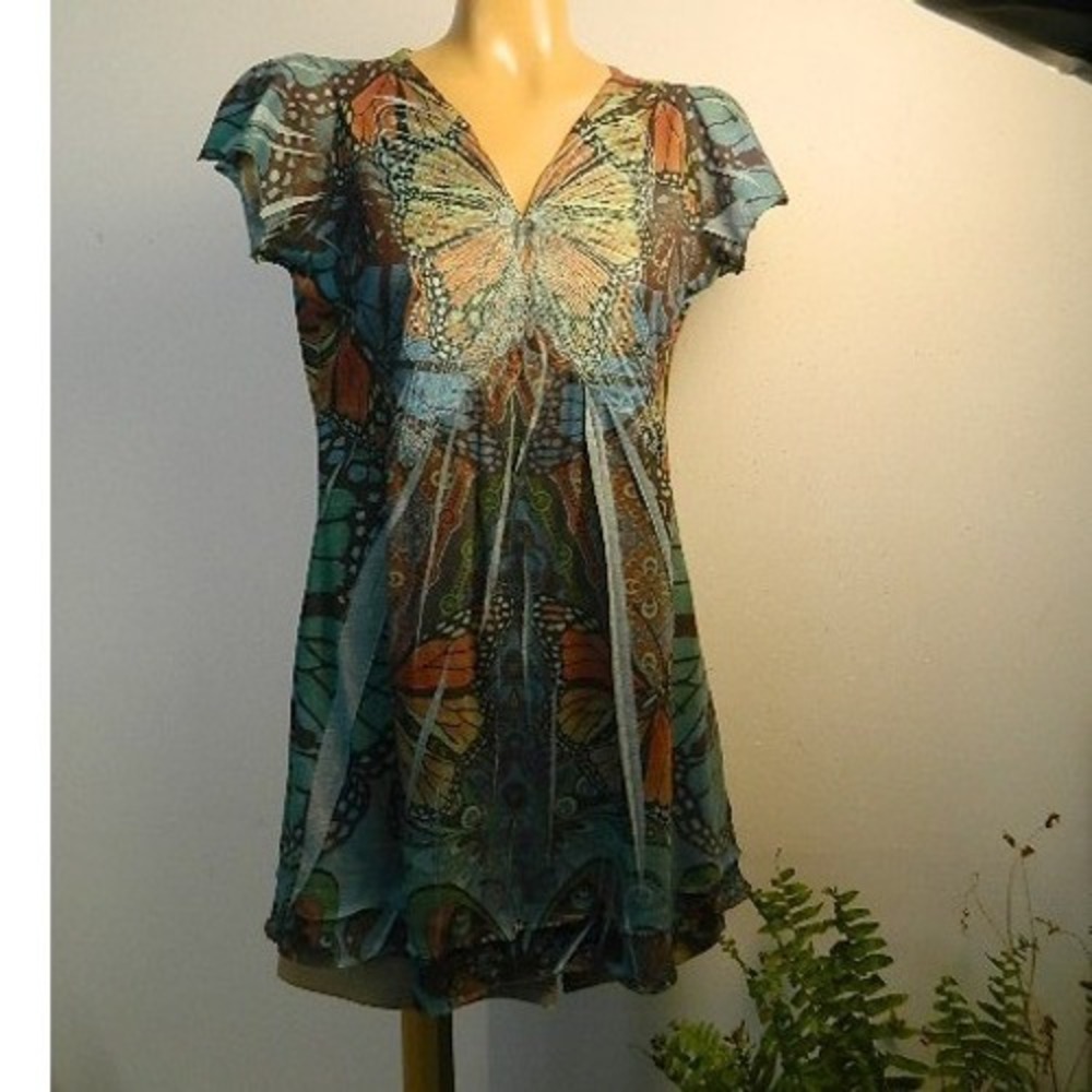 One World Butterfly Embroider Print Tunic Women Size M Teal Orange VNeck ruffle